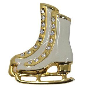 Winter Ice Skates Brooch Gold-Tone Enamel Rhinestone Holiday Pin